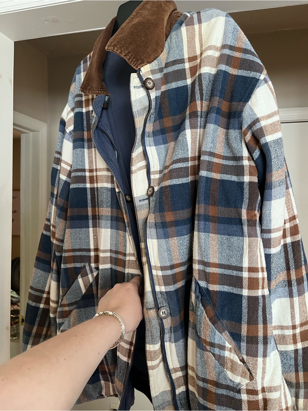 Vintage Barn Jacket with Corduroy Collar - Brown & Navy